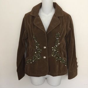 NWOT Khaki Blazer Jacket Two Buttons Embroidered Beaded